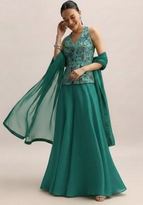 Teal Green Embroidered Crepe Fusion Set