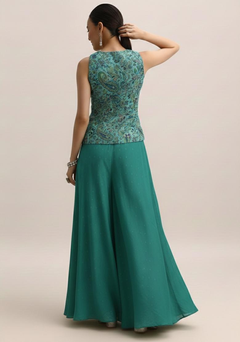 Teal Green Embroidered Crepe Fusion Set - Indya