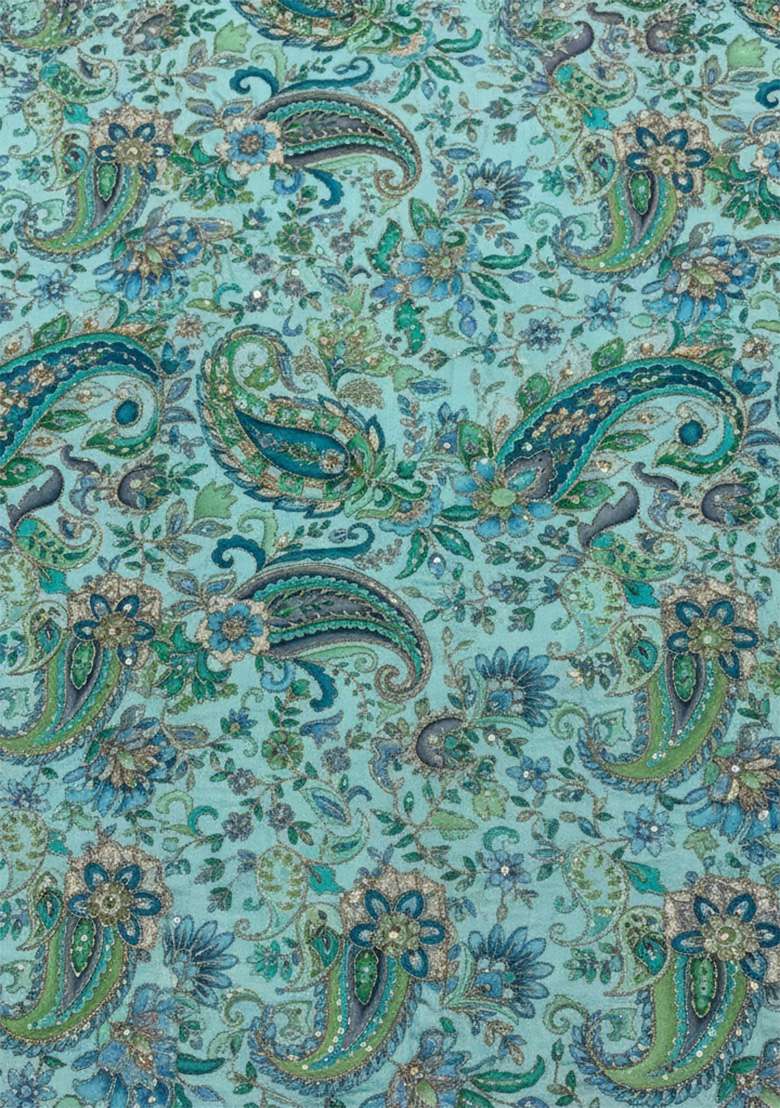 Teal Green Embroidered Crepe Fusion Set for Diwali and Festive Wear - Indya