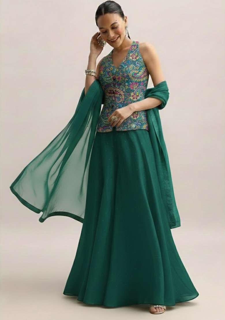 Bottle Green Crepe Fusion Set with Embroidered for Diwali | Wedding & Festive Wear - Indya