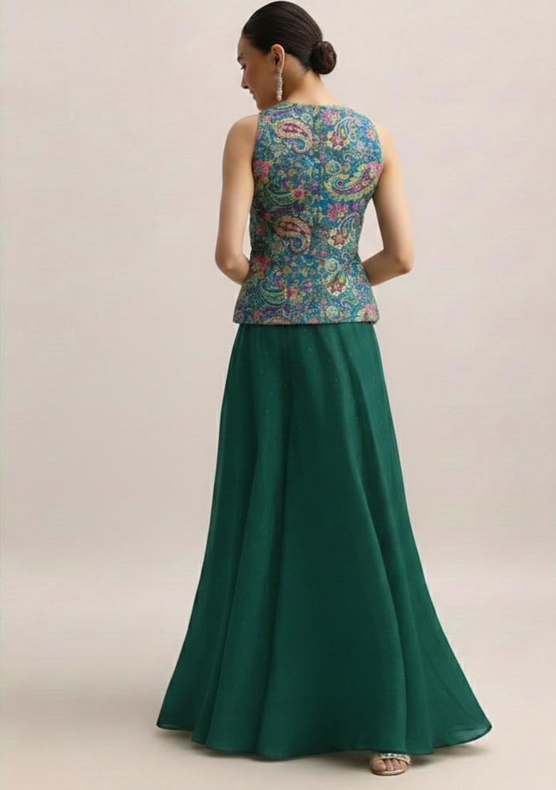 Bottle Green Embroidered Crepe Fusion Set - Indya