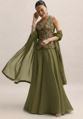Olive Green Embroidered Crepe Fusion Set