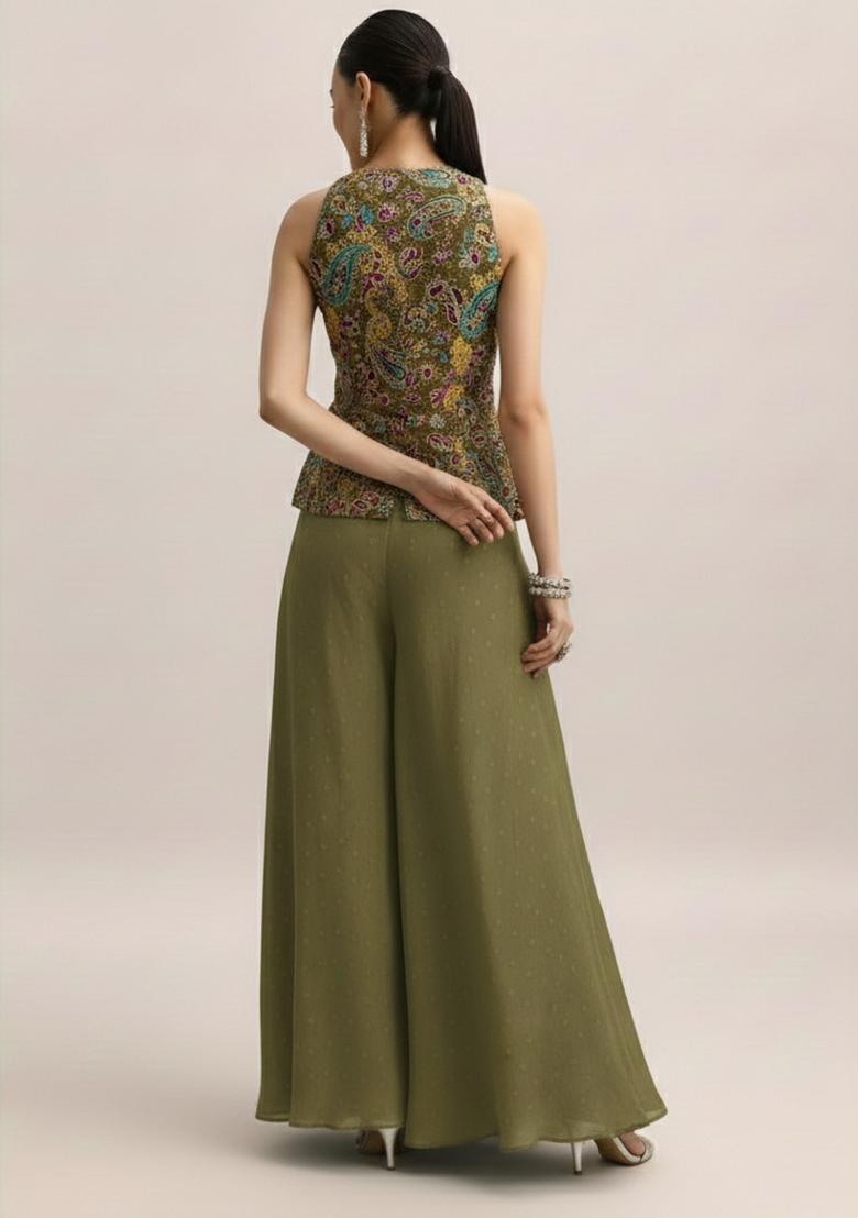 Olive Green Embroidered Crepe Fusion Set - Indya