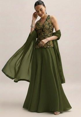 Olive Green Embroidered Crepe Fusion Set