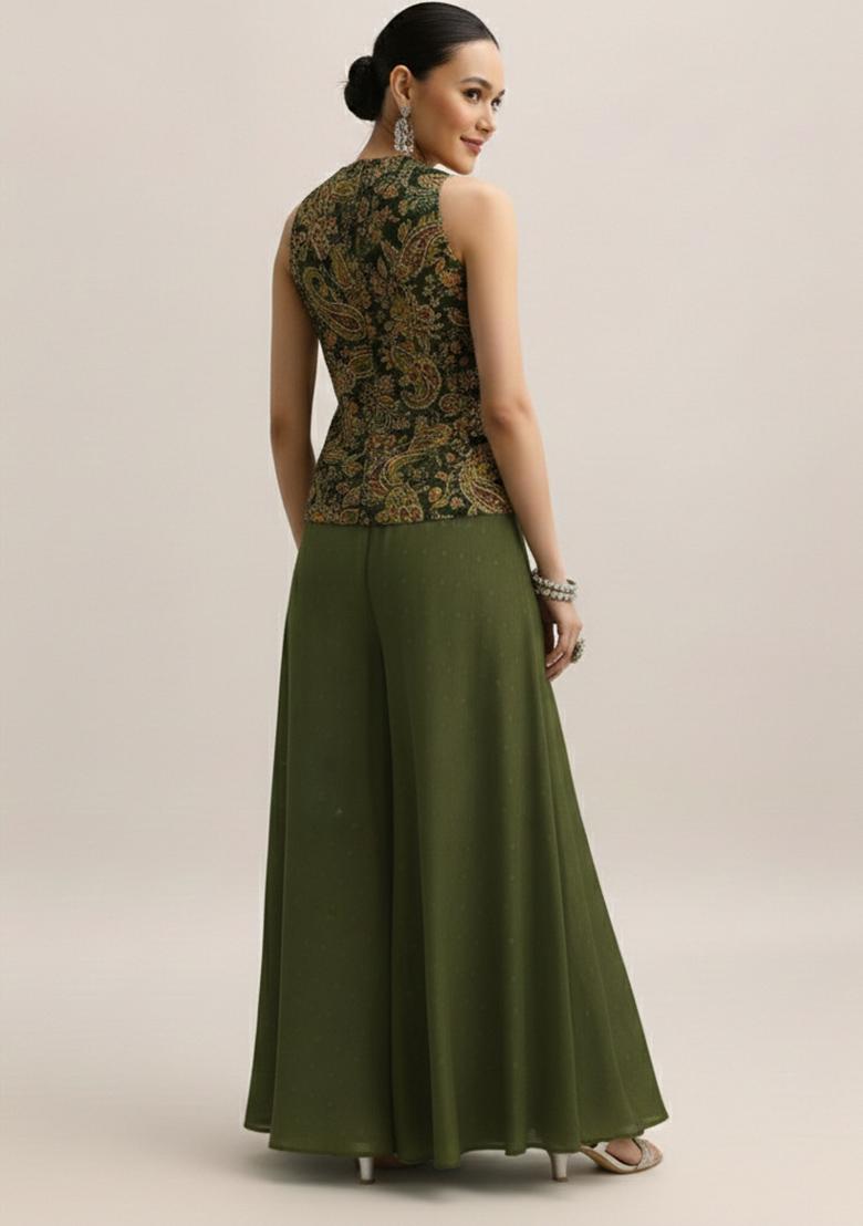 Olive Green Embroidered Crepe Fusion Set - Indya