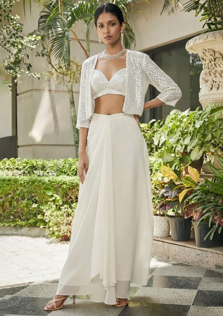 Ivory Sequin Georgette Fusion Set - Indya