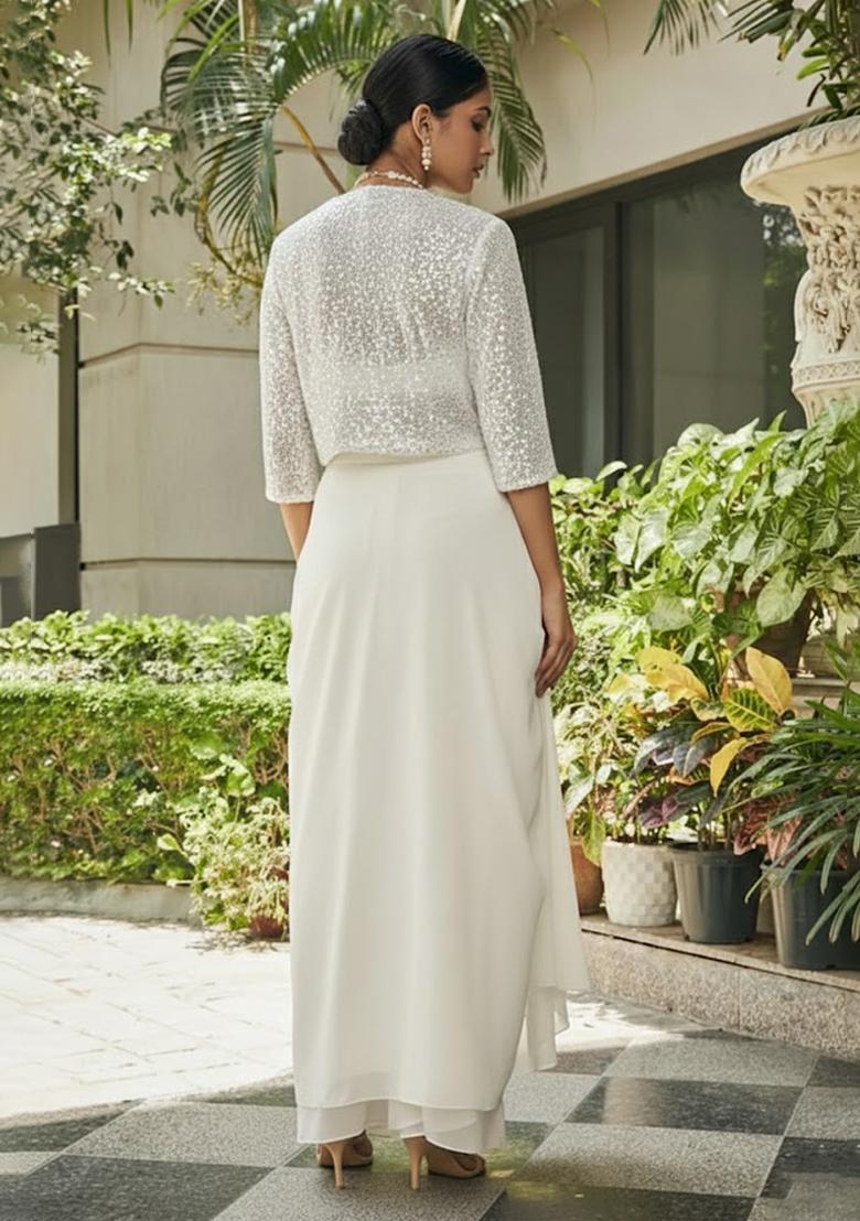 Ivory Sequin Georgette Fusion Set - Indya