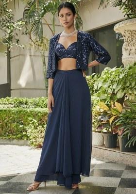 Navy Blue Sequin Georgette Fusion Set