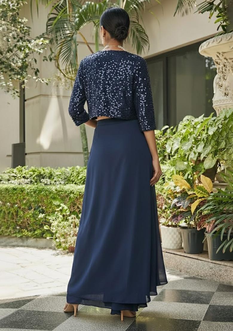 Navy Blue Sequin Georgette Fusion Set - Indya