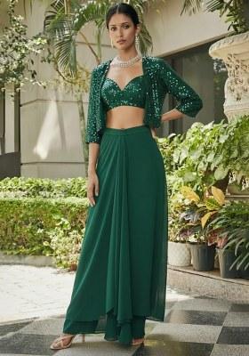 Dark Green Sequin Georgette Fusion Set