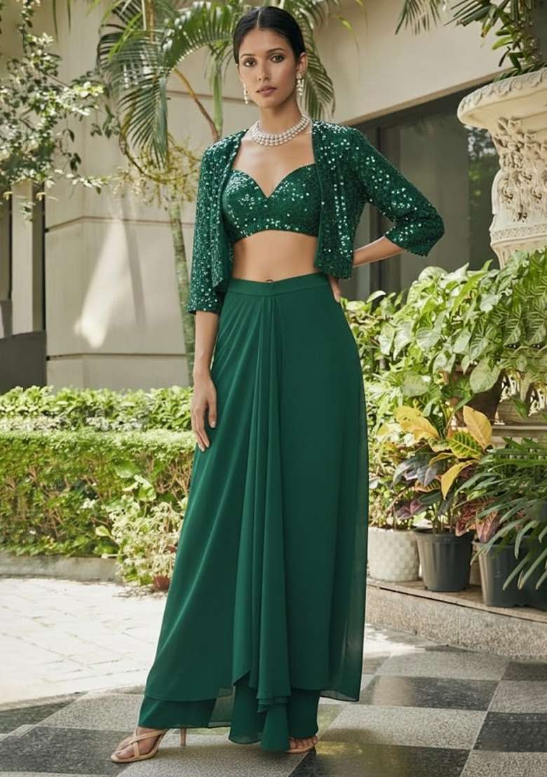 Dark Green Sequin Georgette Fusion Set - Indya