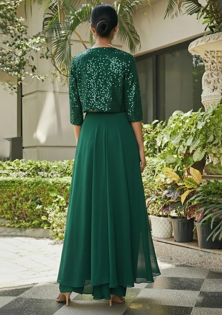 Dark Green Sequin Georgette Fusion Set - Indya