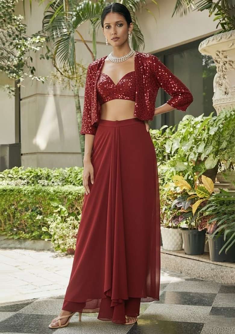 Deep Red Sequin Georgette Fusion Set - Indya