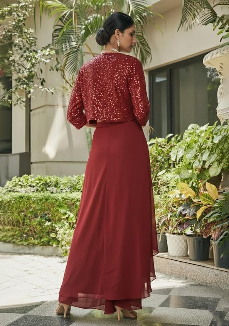 Deep Red Sequin Georgette Fusion Set - Indya