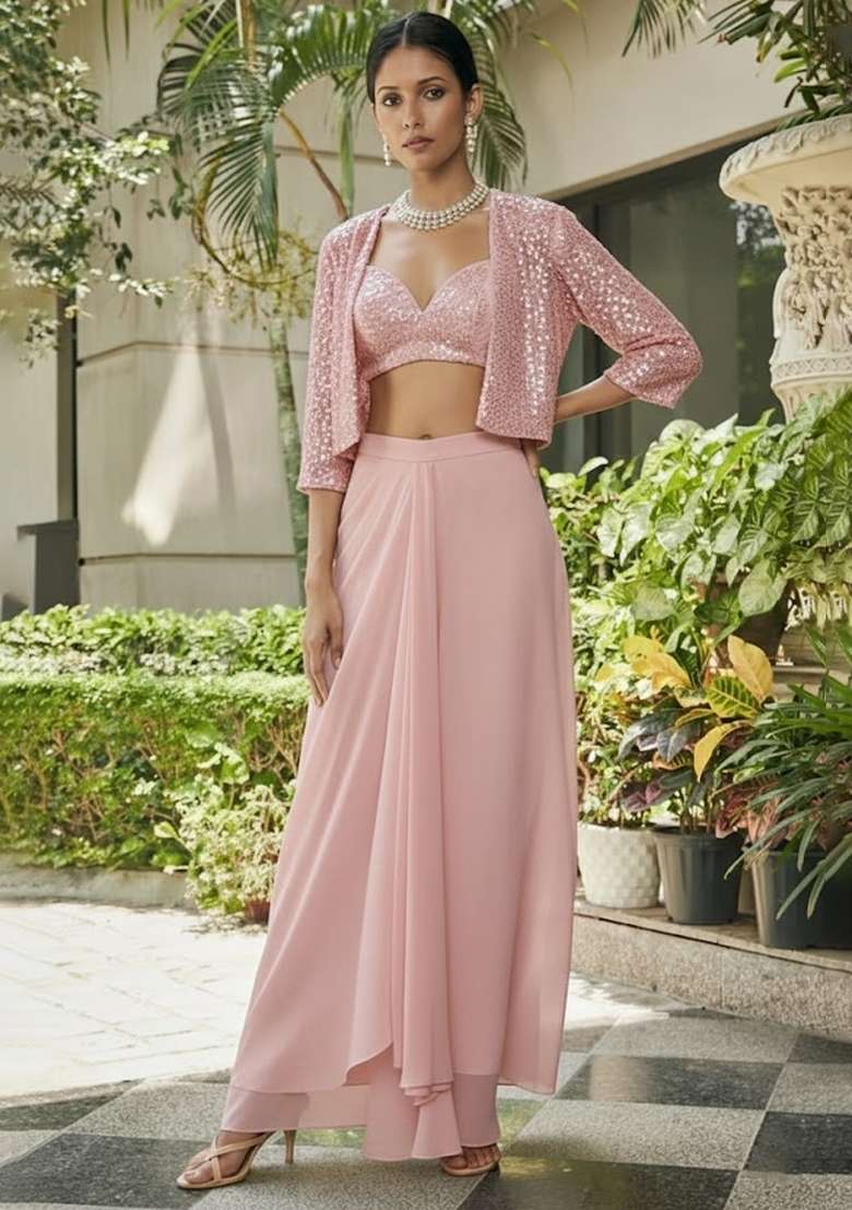 Soft Pink Sequin Georgette Fusion Set - Indya