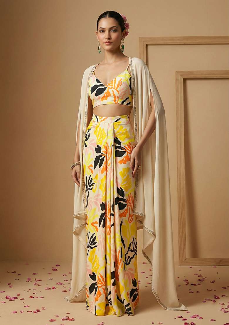 Multicolor Floral Print Silk Fusion Set - Indya