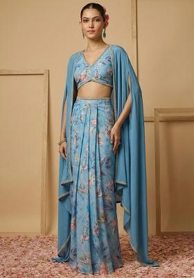Blue Floral Print Silk Fusion Set