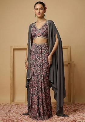 Charcoal Grey Floral Print Silk Fusion Set