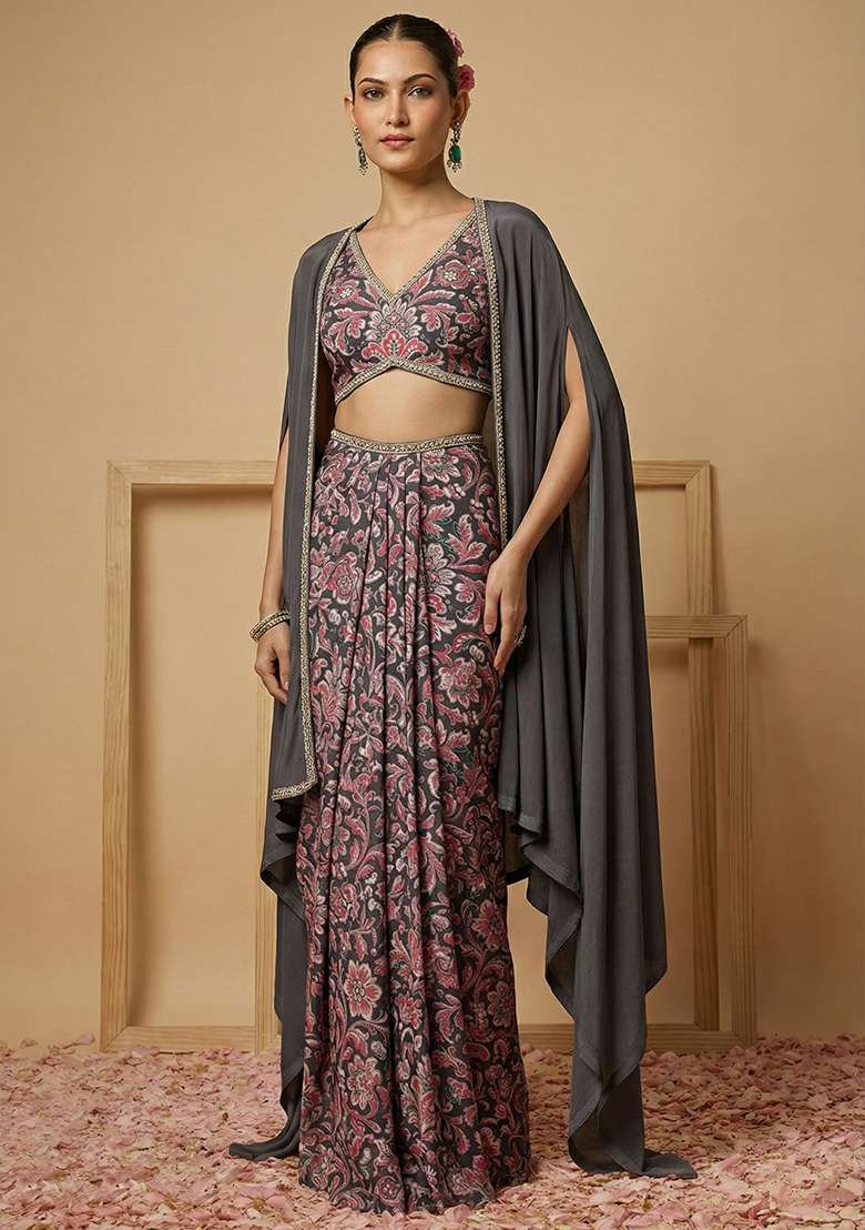 Charcoal Grey Silk Fusion Set with Floral Print for Diwali | Wedding & Festive Wear - Indya