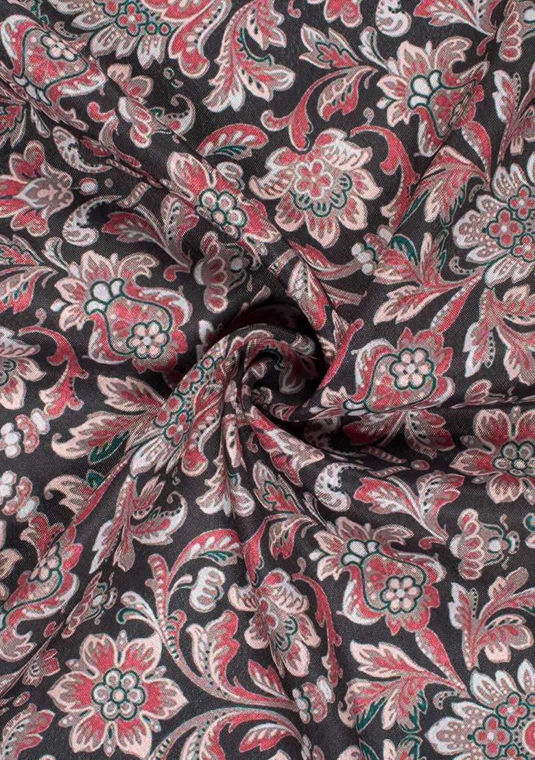 Charcoal Grey Silk Fusion Set with Floral Print for Diwali | Wedding & Festive Wear - Indya