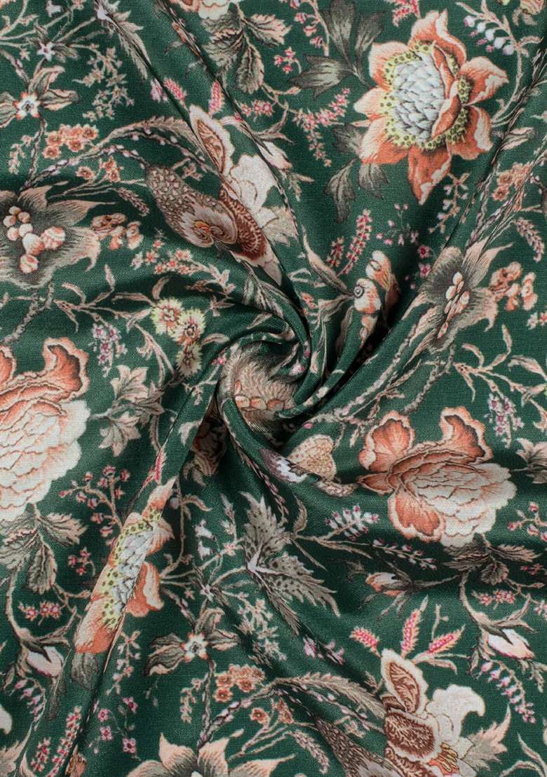 Deep Green Silk Fusion Set with Floral Print for Diwali | Wedding & Festive Wear - Indya