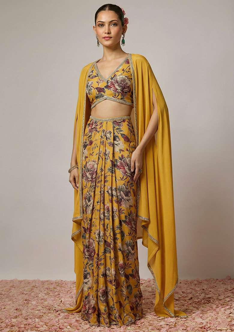 Yellow Silk Fusion Set with Floral Print for Diwali | Wedding & Festive Wear - Indya
