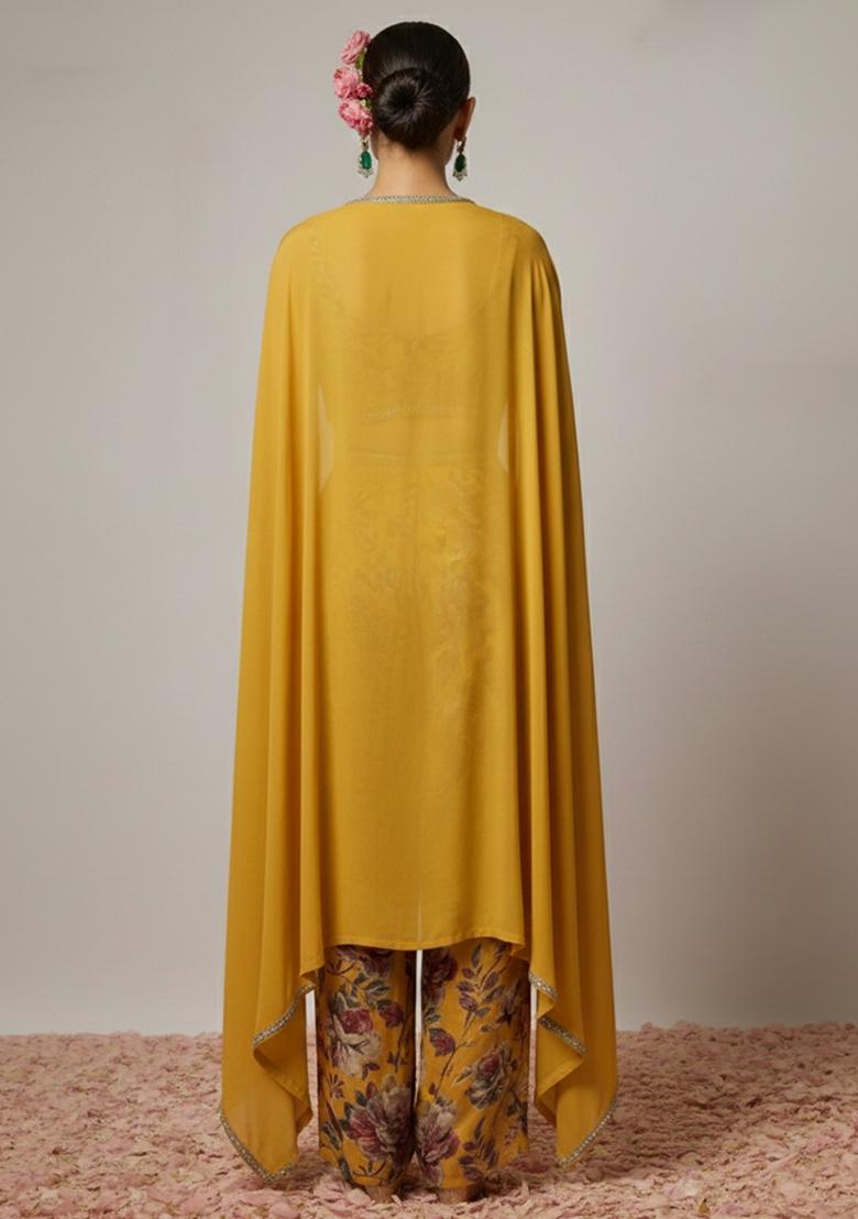 Yellow Floral Print Silk Fusion Set - Indya