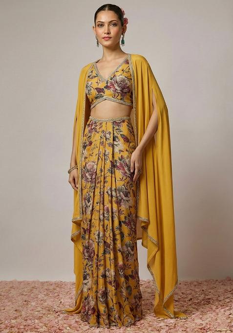 Yellow Floral Print Silk Fusion Set