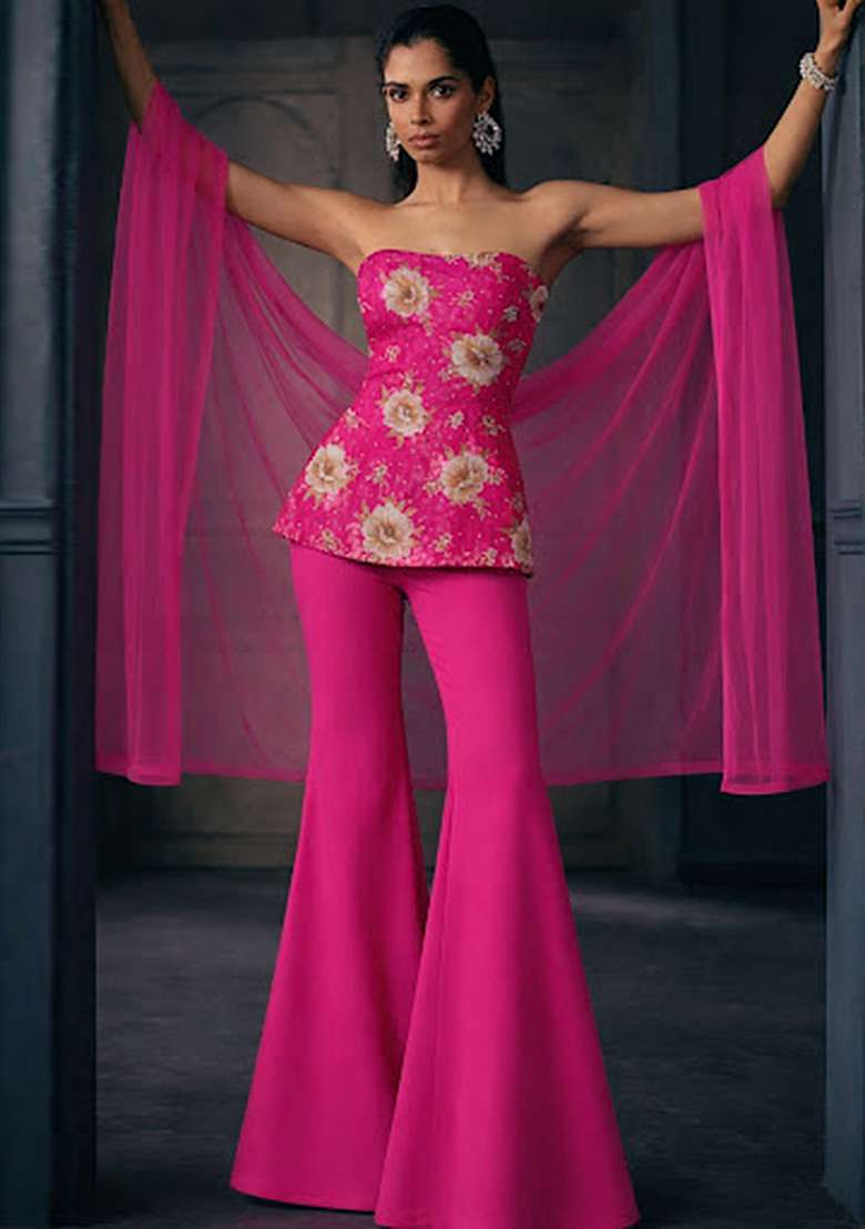 Rani Pink Floral Print Crepe Fusion Set - Indya