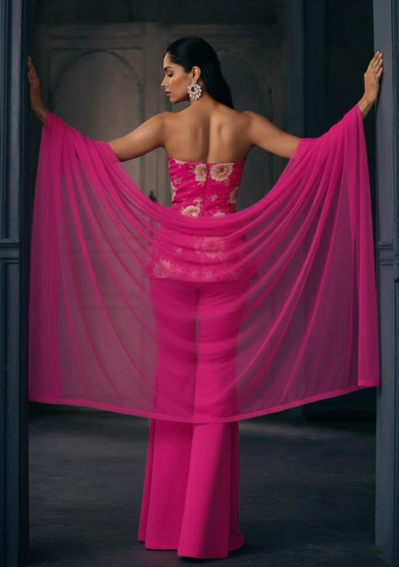 Rani Pink Floral Print Crepe Fusion Set - Indya