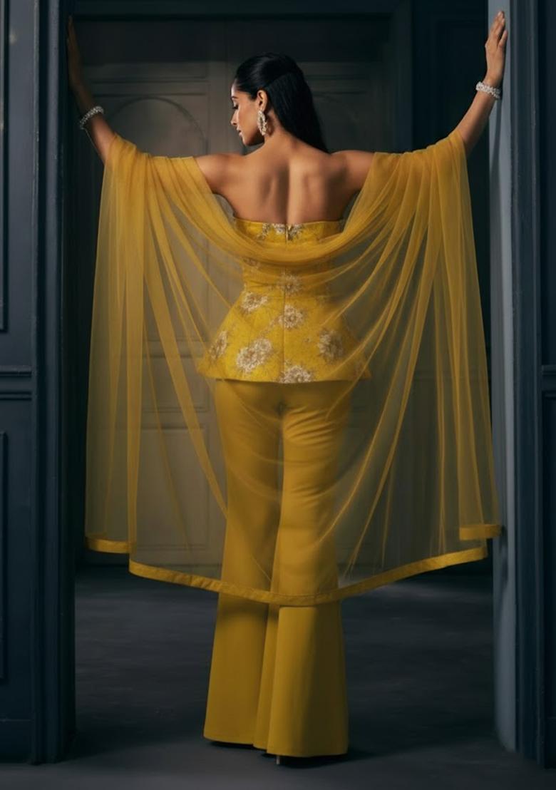 Mustard Floral Print Crepe Fusion Set - Indya