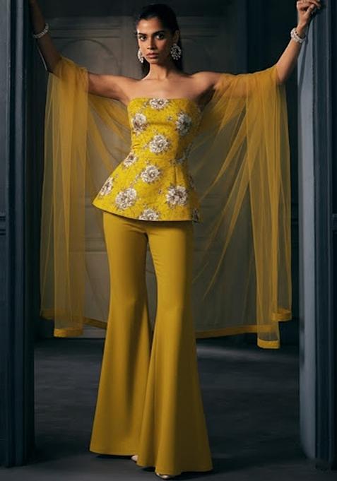 Mustard Floral Print Crepe Fusion Set