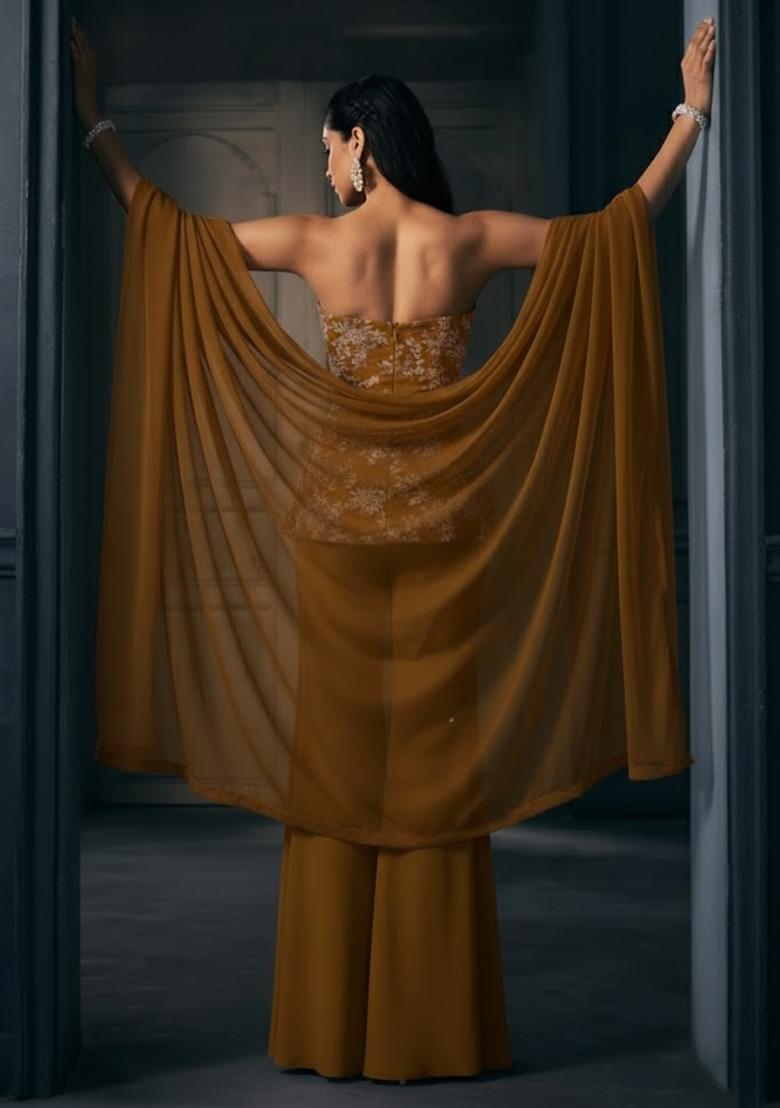 Mustard Embroidered Crepe Fusion Set - Indya