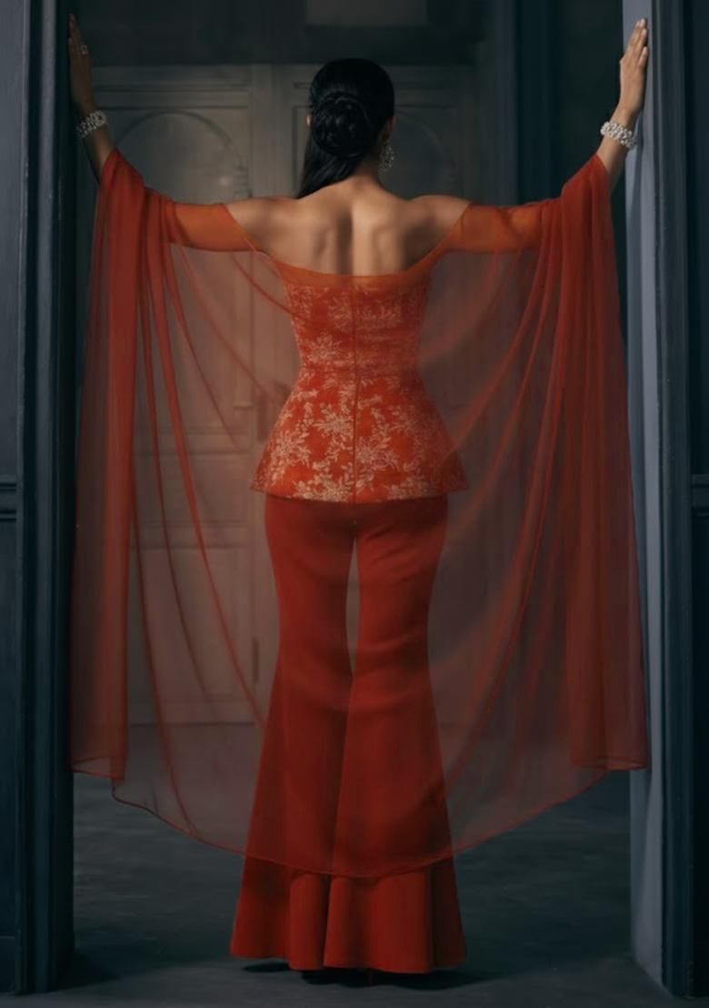 Deep Red Embroidered Crepe Fusion Set - Indya