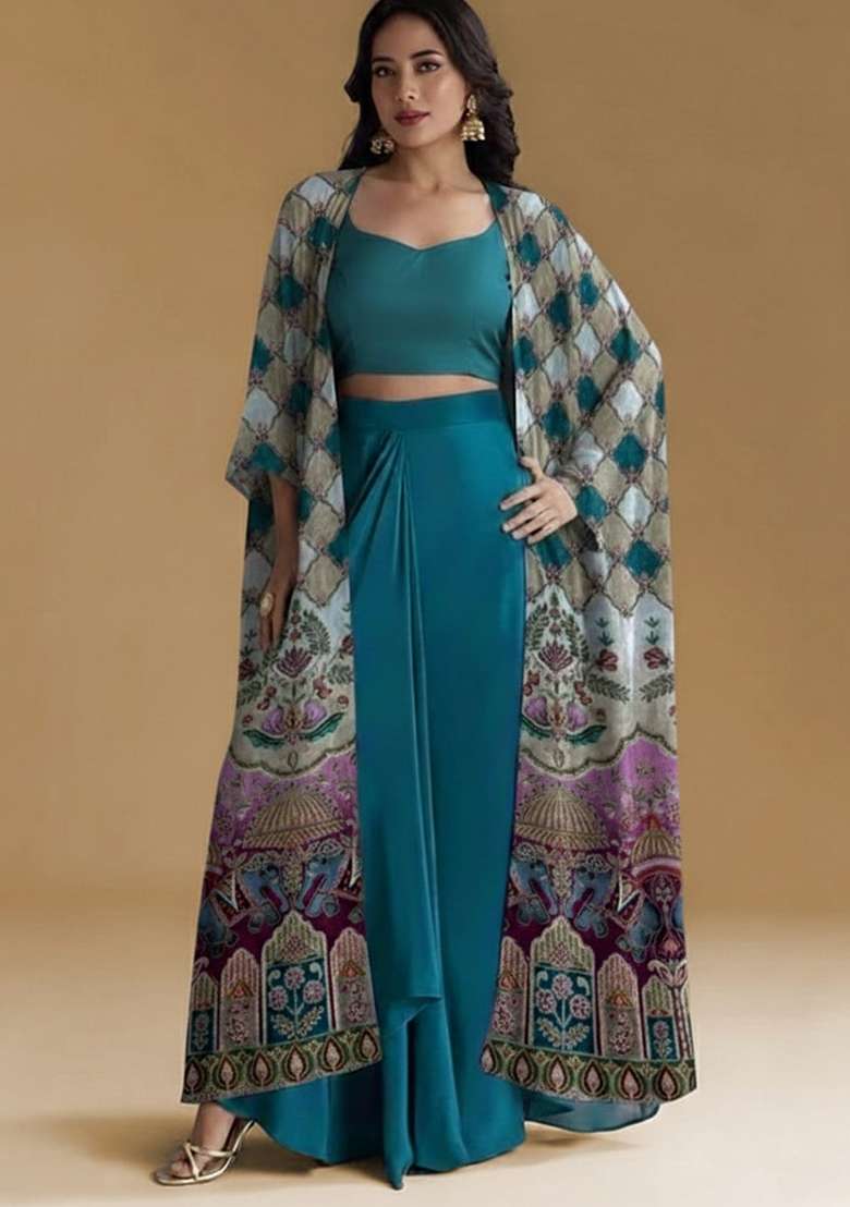 Teal Blue Figure Print Crepe Fusion Set - Indya