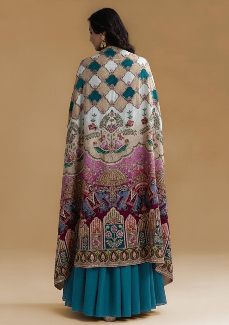 Teal Blue Figure Print Crepe Fusion Set - Indya