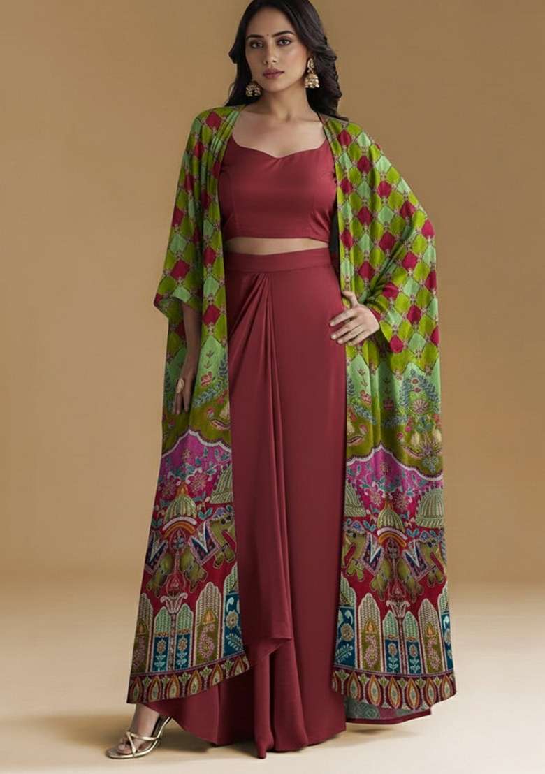 Red Figure Print Crepe Fusion Set - Indya