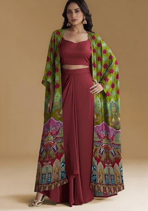 Red Figure Print Crepe Fusion Set