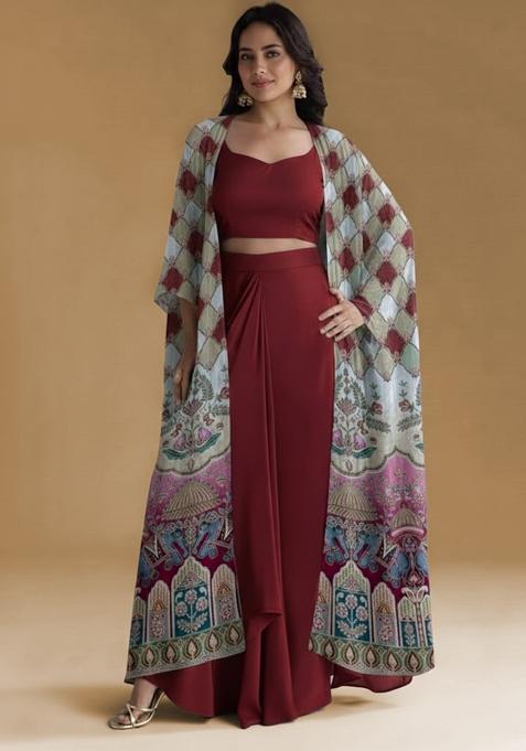 Red Figure Print Crepe Fusion Set