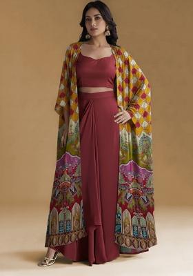 Red Figure Print Crepe Fusion Set