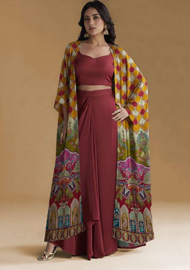 Red Figure Print Crepe Fusion Set - Indya