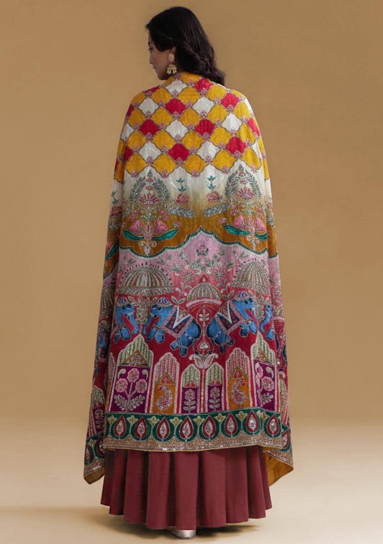 Red Figure Print Crepe Fusion Set - Indya