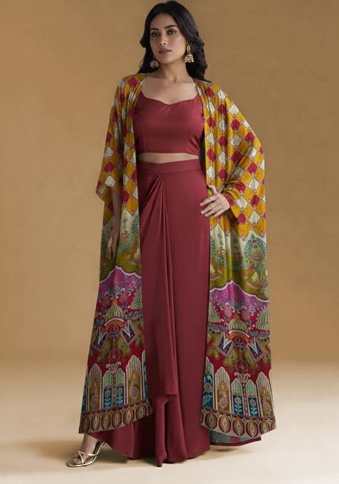 Red Figure Print Crepe Fusion Set