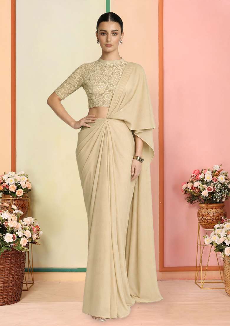 Beige Self Design Crepe Pre Draped Saree Set - Indya