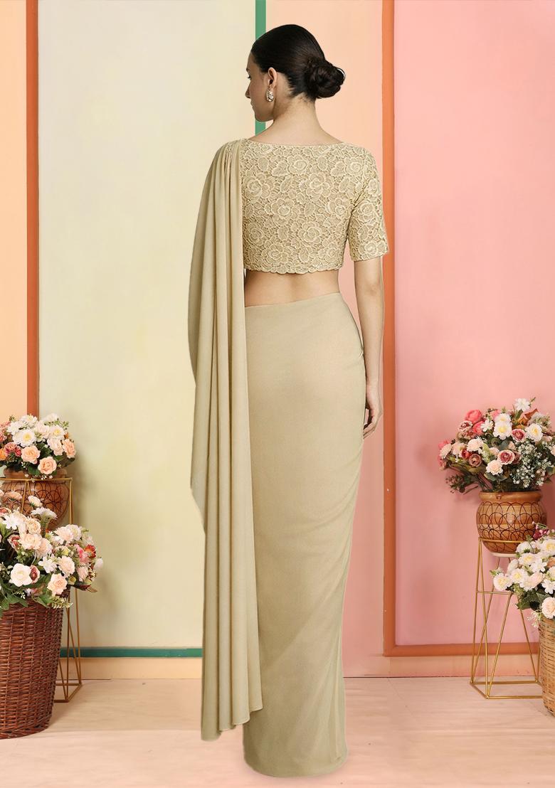 Beige Self Design Crepe Pre Draped Saree Set - Indya