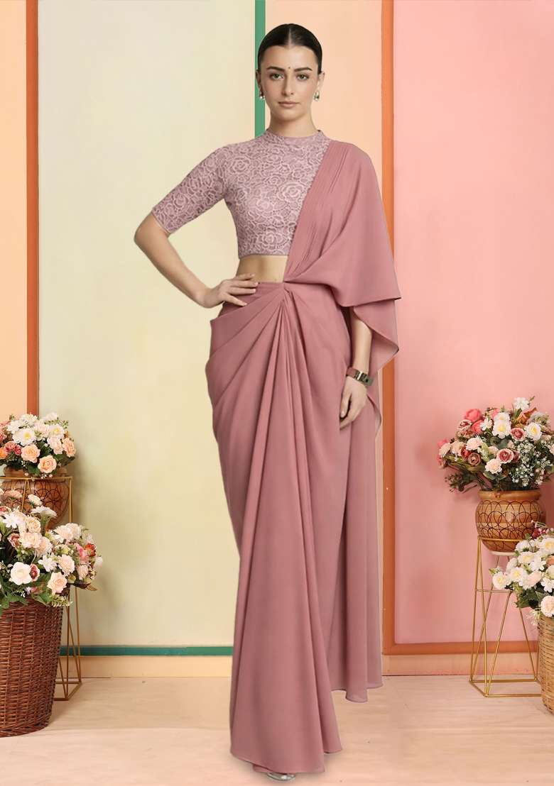 Blush Pink Self Design Crepe Pre Draped Saree Set - Indya