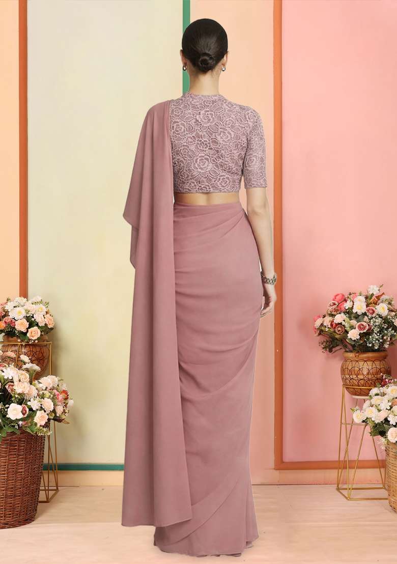 Blush Pink Self Design Crepe Pre Draped Saree Set - Indya