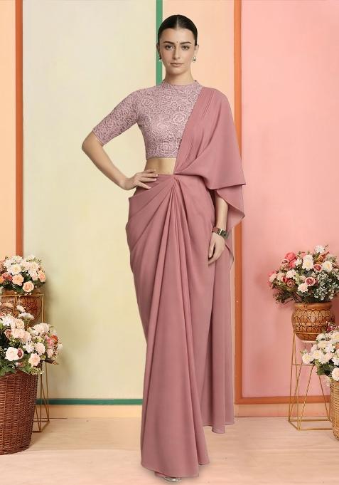 Blush Pink Self Design Crepe Pre Draped Saree Set
