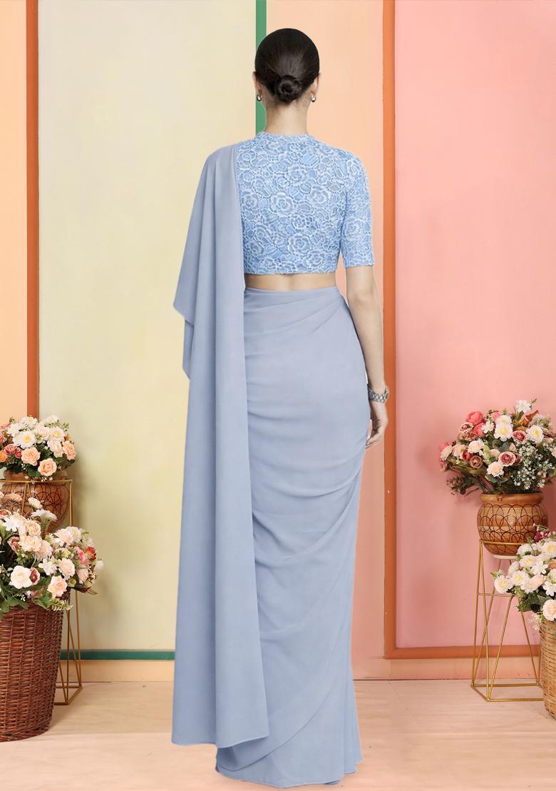 Powder Blue Self Design Crepe Pre Draped Saree Set - Indya