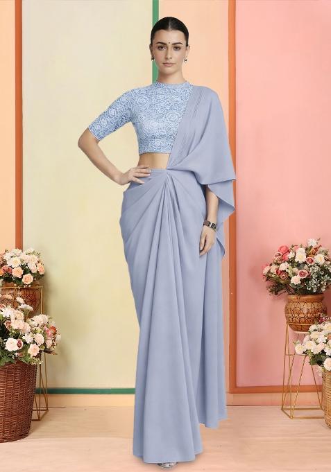 Powder Blue Self Design Crepe Pre Draped Saree Set